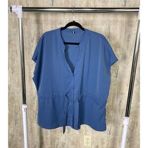 Cicibird Blue Button Blouse Casual Peplum Plus 2XL Drawstring